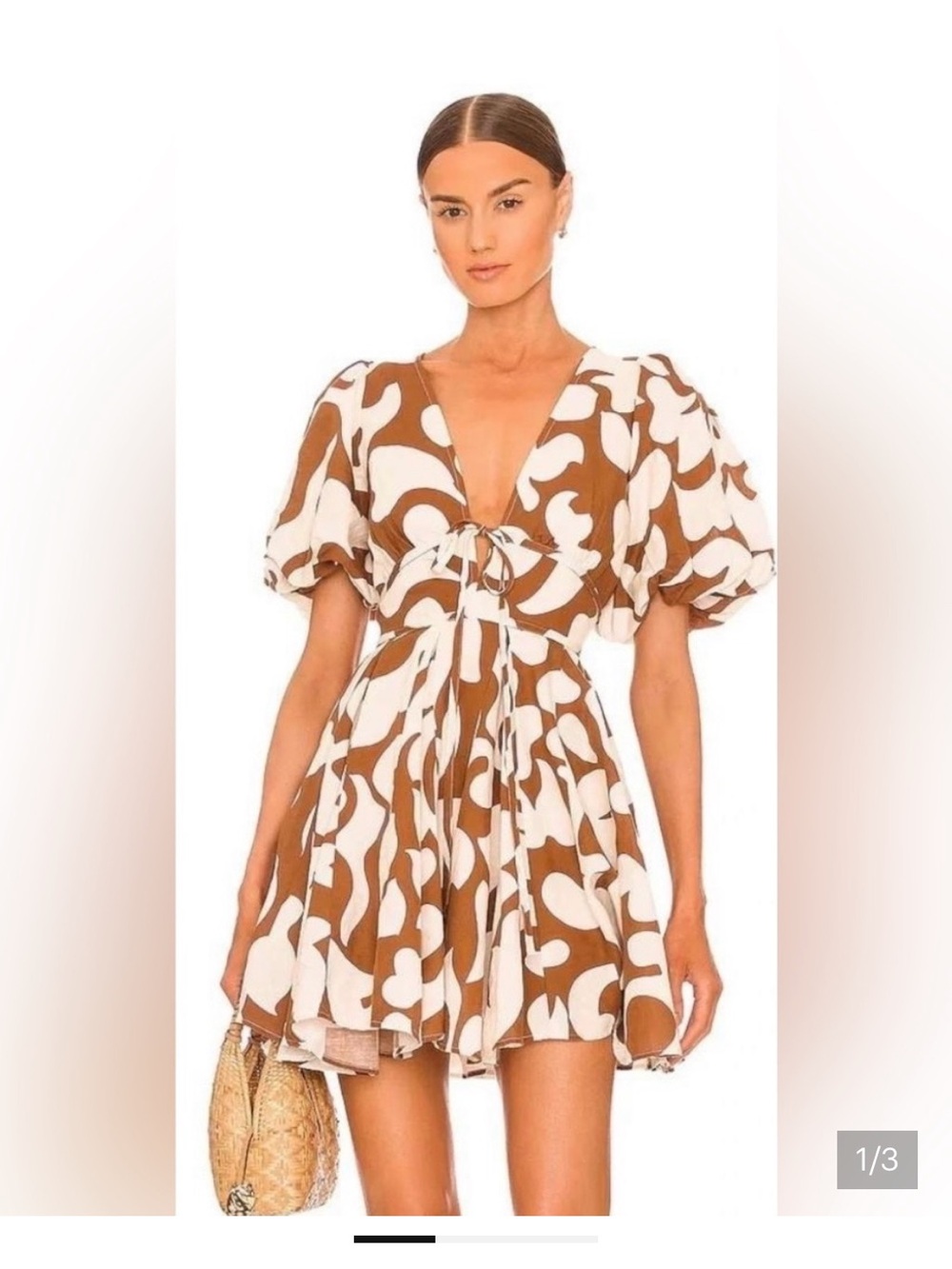 Rhode S Brown & White Abstract Print Puff Sleeve Mini Dress